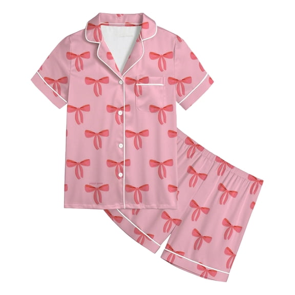 FYDUU Girls Pajamas Bow Printed Short Sleeve Shorts 2 Piece Pajama Set Kids Button Down Sleepwear Soft Casual Loungewear Outfit 9-10 Years