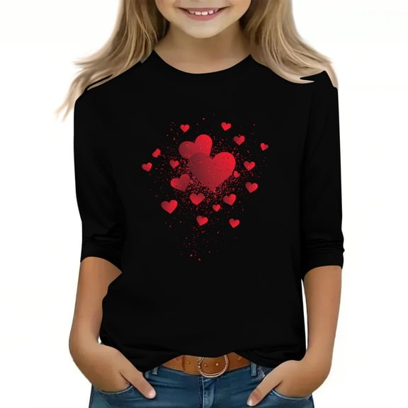 AHTJRT Kids Love Heart T-Shirt Long Sleeve Round Neck Blouse Cute Valentines Day Tee Shirt Fashion Family Lounge Streetwear Tops Black 7-8 Years