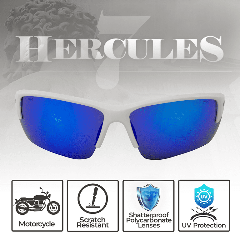 Global Vision Hercules 7 Wraparound Motorcycle Riding Glasses for Men Z87.1 Scratch-Resistant White Frame w/ Blue Mirror Lens, Men's, Size: Adult