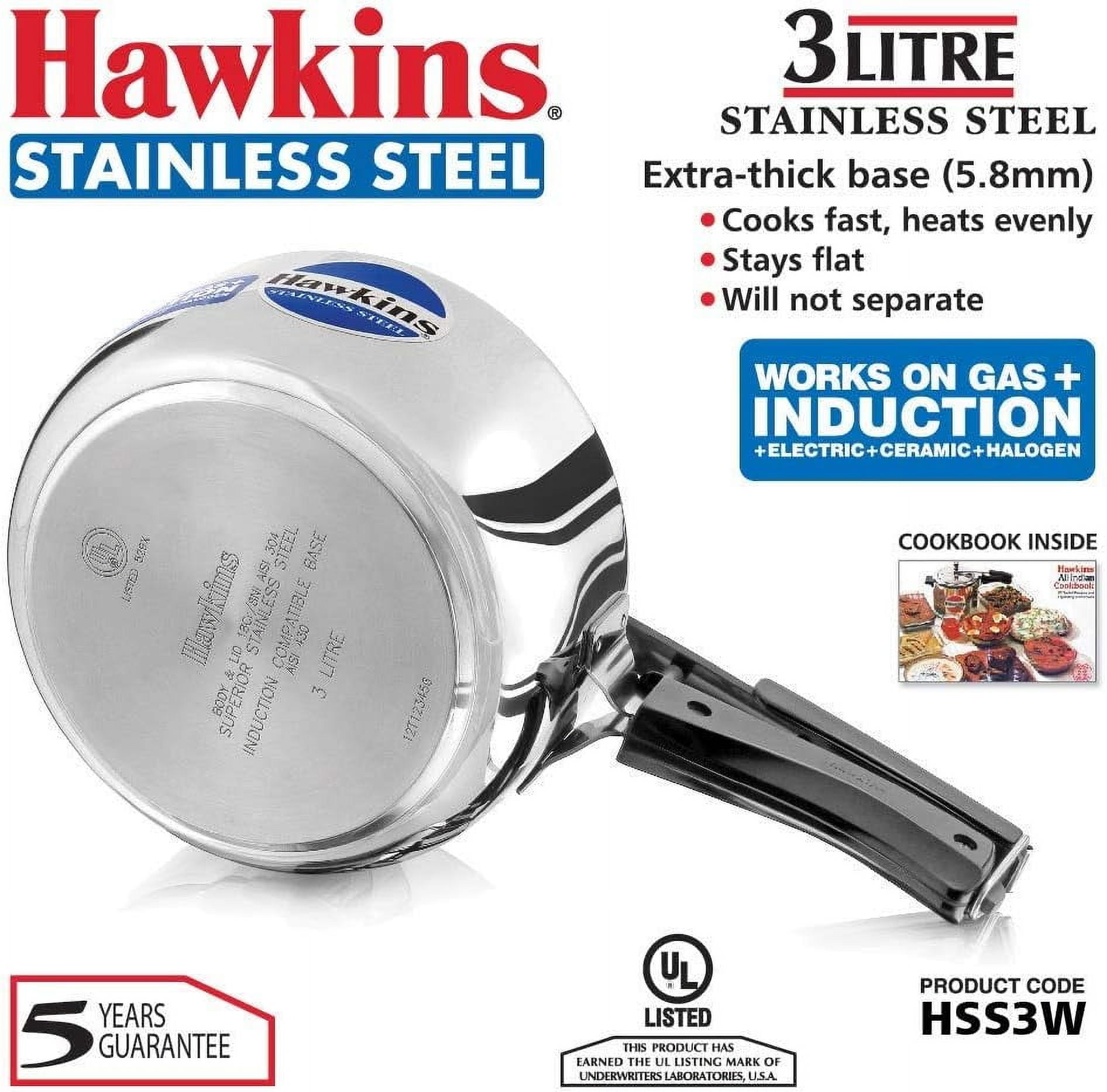 Hawkins New 3.0 Litre Wide Stainless Steel Pressure Cooker