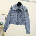 thumbnail image 2 of FRSASU Jean Jacket Women Trendy Embellished Button Down Vintage Western Trucker Jacket Long Sleeve Coat Blue, 2 of 9