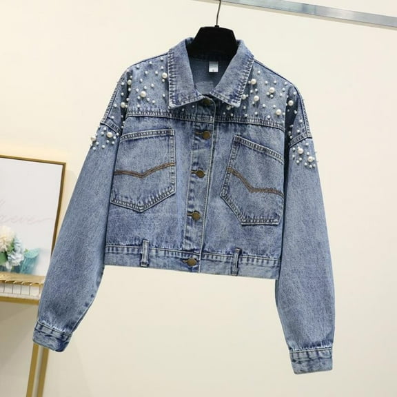 Women's Jean Jacket Boyfriend Button Up Long Sleeve Denim Jackets Blue XL