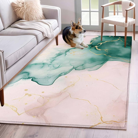 Area Rug for Living Room, Marble Green Non-Slip Indoor Large Carpet for Bedroom/Dining Room, Pink Gold Modern Foil Glitter Wavy Art Washable Low-Profile Rectangle Floor Mat Runner Rugs - 3 x 5 Ft
