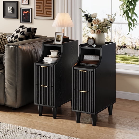 UGTOO Set of 2 Black Nightstands with Gold Handles – Space-Saving Vertical Groove Design, 2 Drawers & Open Shelf for Small Spaces