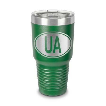 

Ukraine Oval Tumbler 30 oz - Laser Engraved w/ Clear Lid - Stainless Steel - Vacuum Insulated - Double Walled - Travel Mug - country code ua - Green