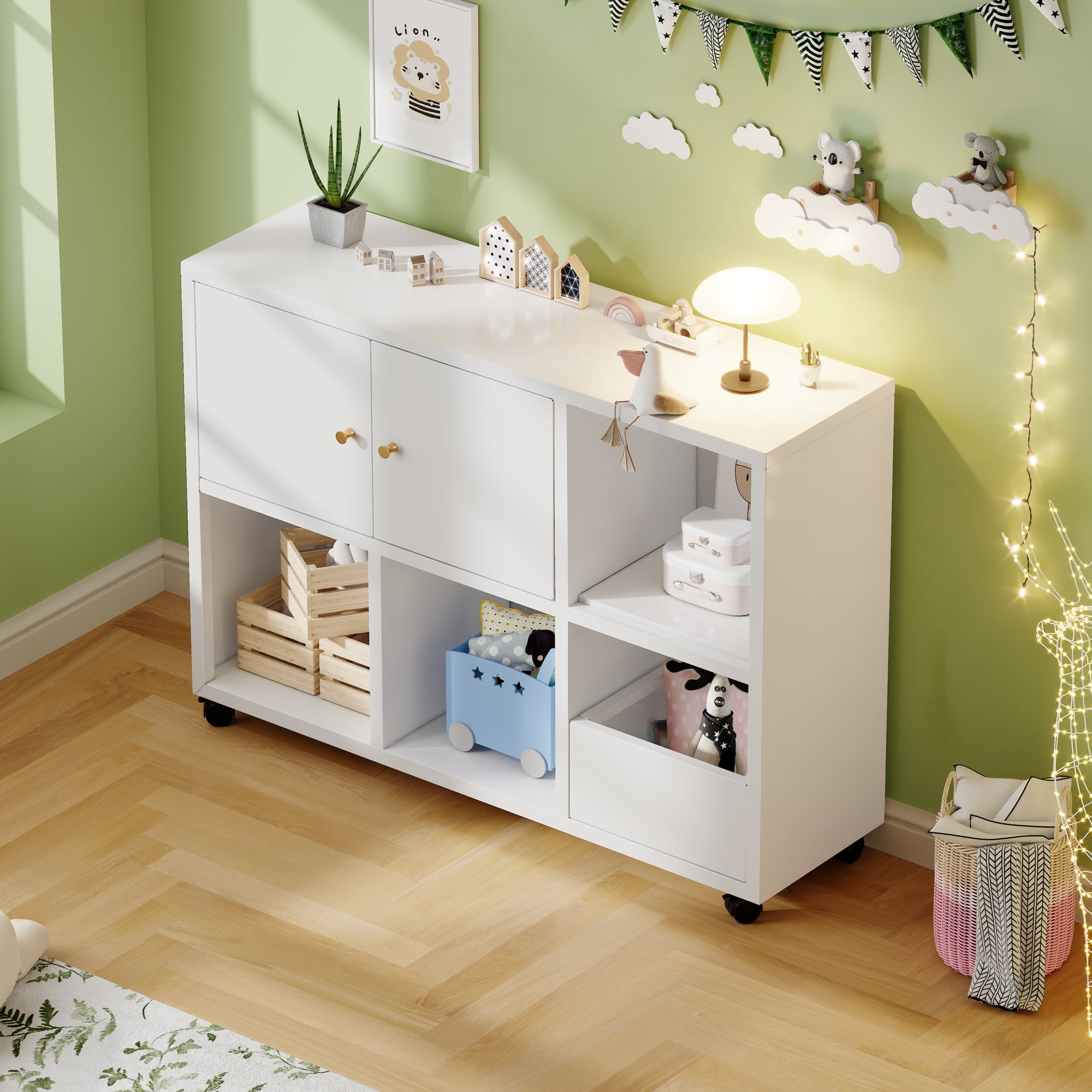 HOQBN Toy Storage Cabinet with 4 Wheels,Cubes Storage Bins Cubes with Open Cubbies & Closed Cabinets,Metal Storage Furniture for Playroom,Living Room,White