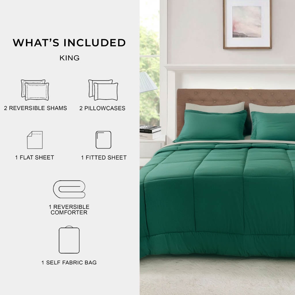 Mainstays All in One Reversible Comforter and Sheet set- 7 Piece, King, Green