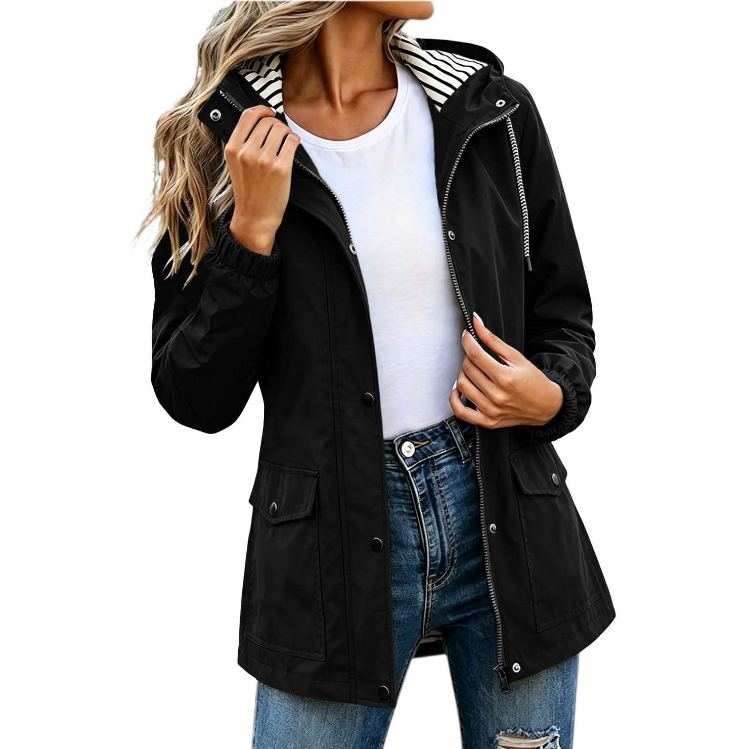 GERsome Women s Raincoat Long Sleeve Waterproof Hooded Jacket for Outdoor Hiking Travel Windbreaker Black 3XL