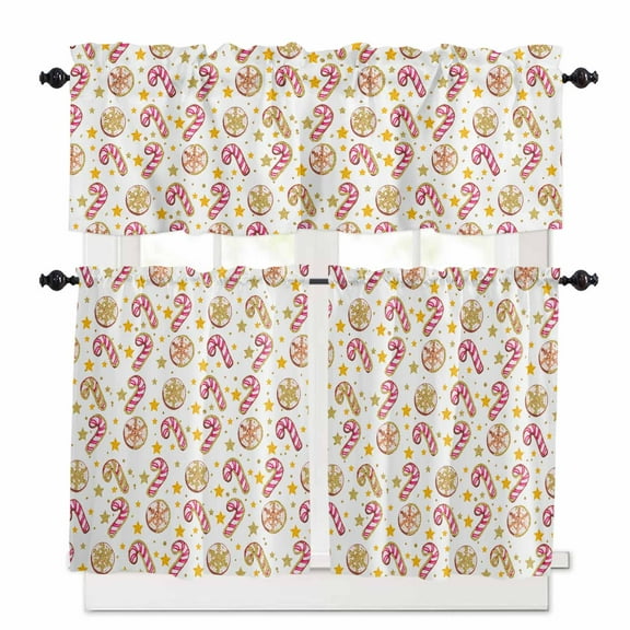 Snowflake Candy Cane Kitchen Curtains and Valances Set, Star Christmas Xmas Hand Painted Rod Pocket Window Valance 18 Inch Window Curtain Panels for Living Room Bedroom Laundry, 27.5x36in, 3 Pieces