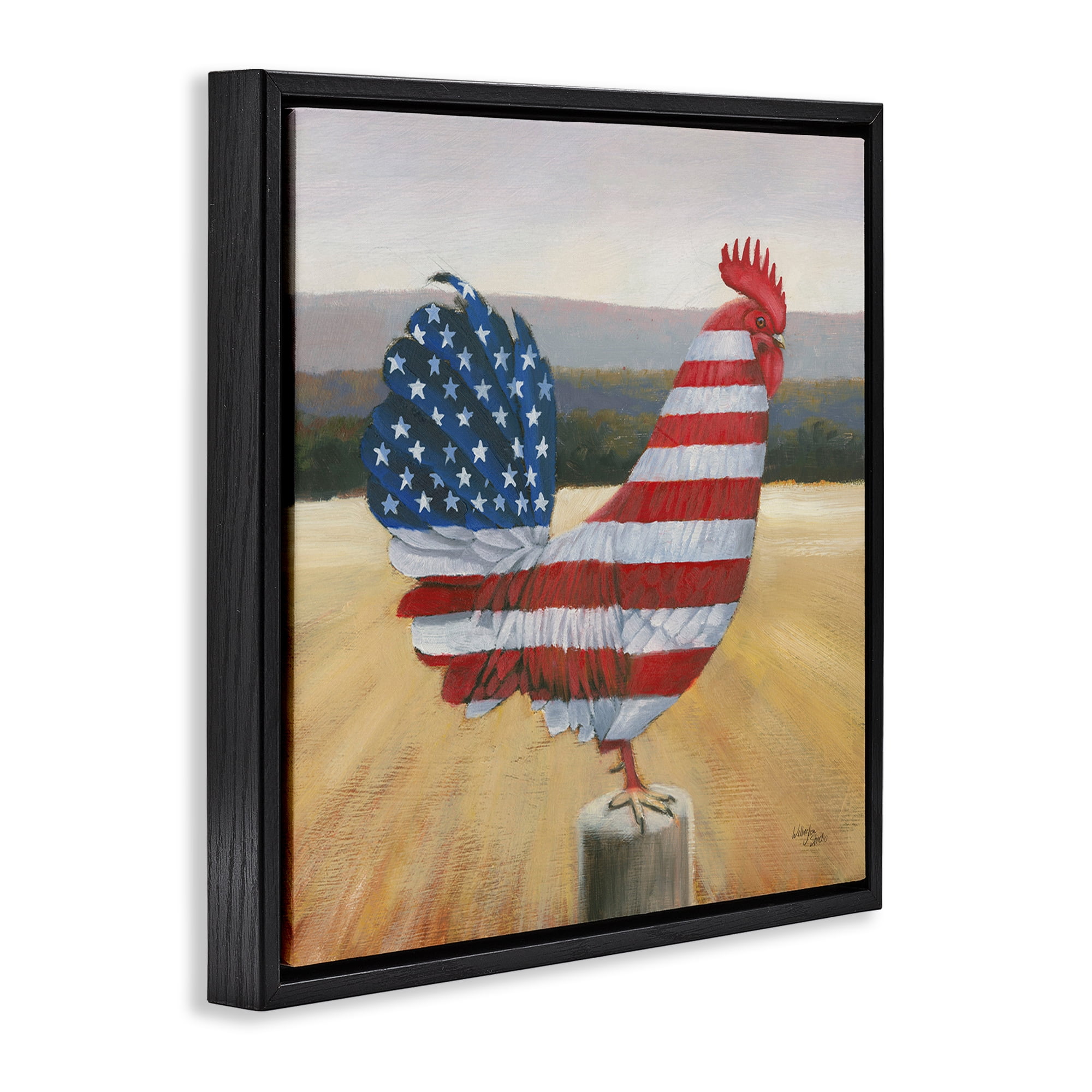 Stupell Industries American Flag Rooster Animals & Insects Painting Black Floater Framed Canvas Art Print Wall Art, 18 x 18