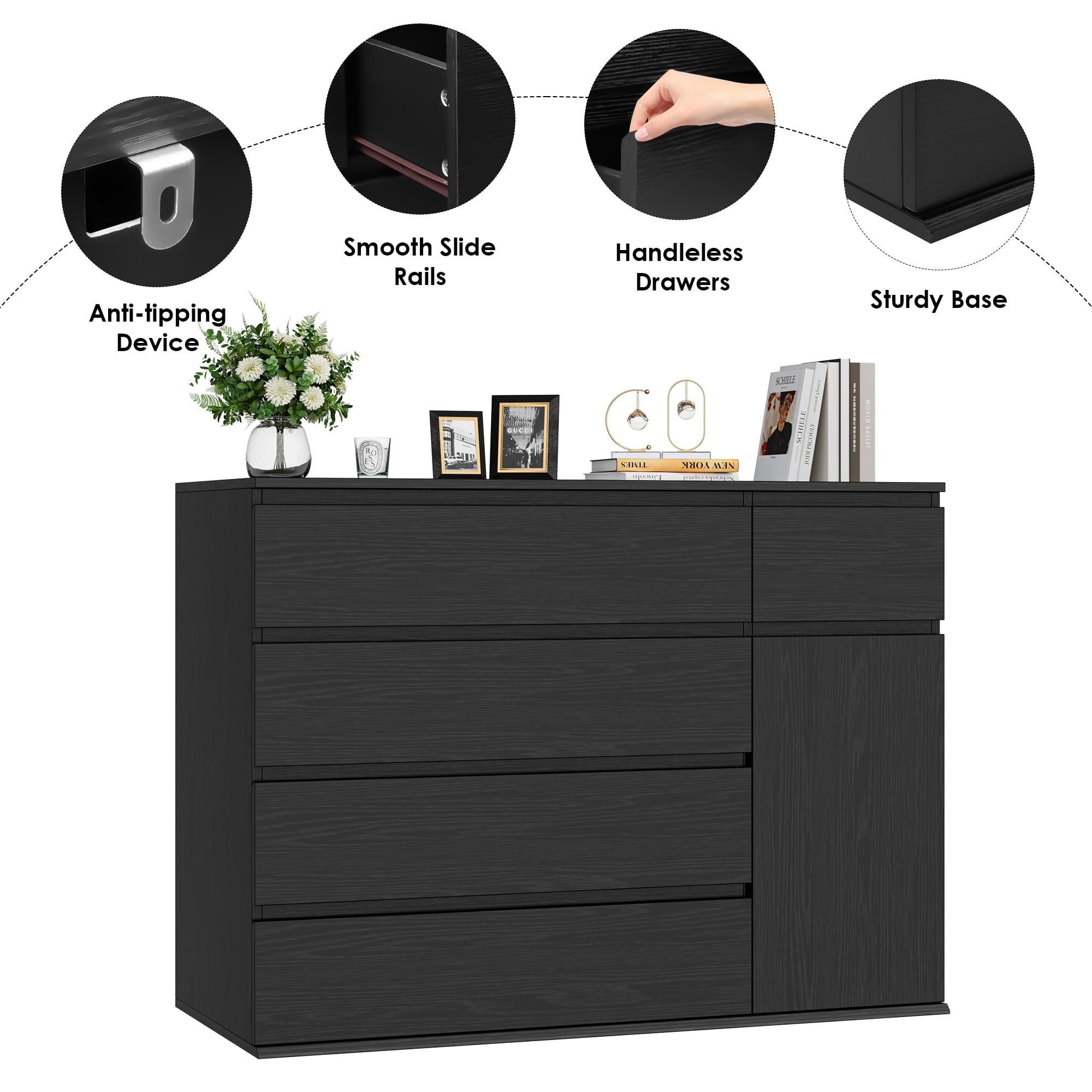 Homfa 5 Drawer Dresser with Door, Modern Accent Storage Cabinet Chest of Drawers for Bedroom Living Room, Black