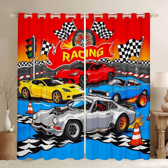 Castle Fairy Cartoon Racing Car Black Out Curtains for Kids, Race Track Art Curtains Pack of 2 (42x63 Each) for Bedroom, Blue Red