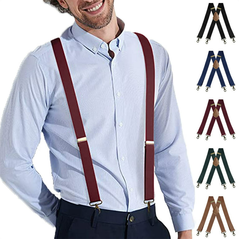 Suspender Mens Braces for Trousers with 4 Strong Clips X Shape Heavy Duty  Suspenders Adjustable Elastic-Wine Red 