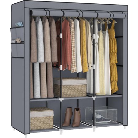 51 Inch Portable Closet Wardrobe for Hanging Clothes, Wardrobe Closet with Cover, 3 Hanging Rods, 4 Side Pockets, 6 Storage Shelves, Large Clothes Organizer for Bedroom, Living Room, Grey