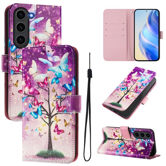 Compatible for Samsung Galaxy S22 Plus Wallet Case, Painting Pattern Premium PU Leather [Credit Card Holder] [Wrist Strap] Flip Stand Feature Purse Case Full Protective Pattern Cover, Butterfly Tree