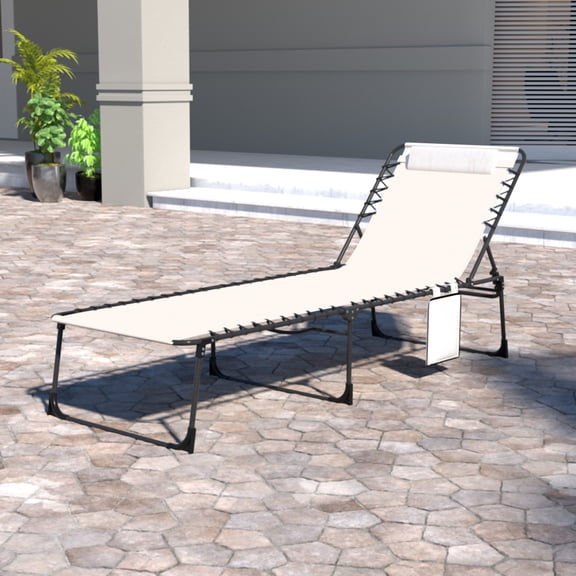 VEIKOUS 4-Fold Portable Chaise Lounge, 5-Position Adjustable Tanning Chair w/Detachable Pocket and Pillow, Cream White