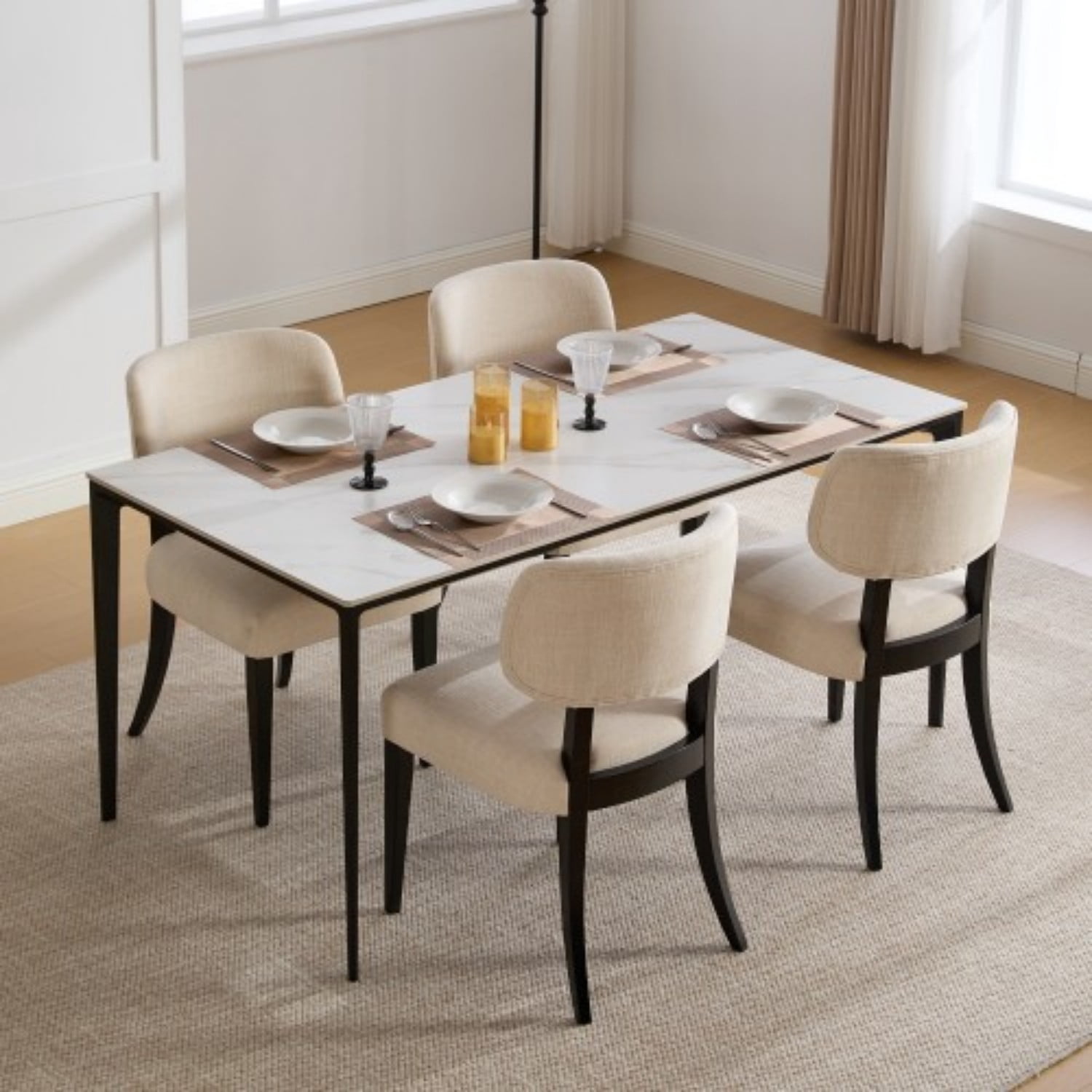 Dining Chairs Set of 2, Modern Fabric Upholstered Wood Kitchen Chairs, Farmhouse Dining Room Chairs for Small Spaces, Cream