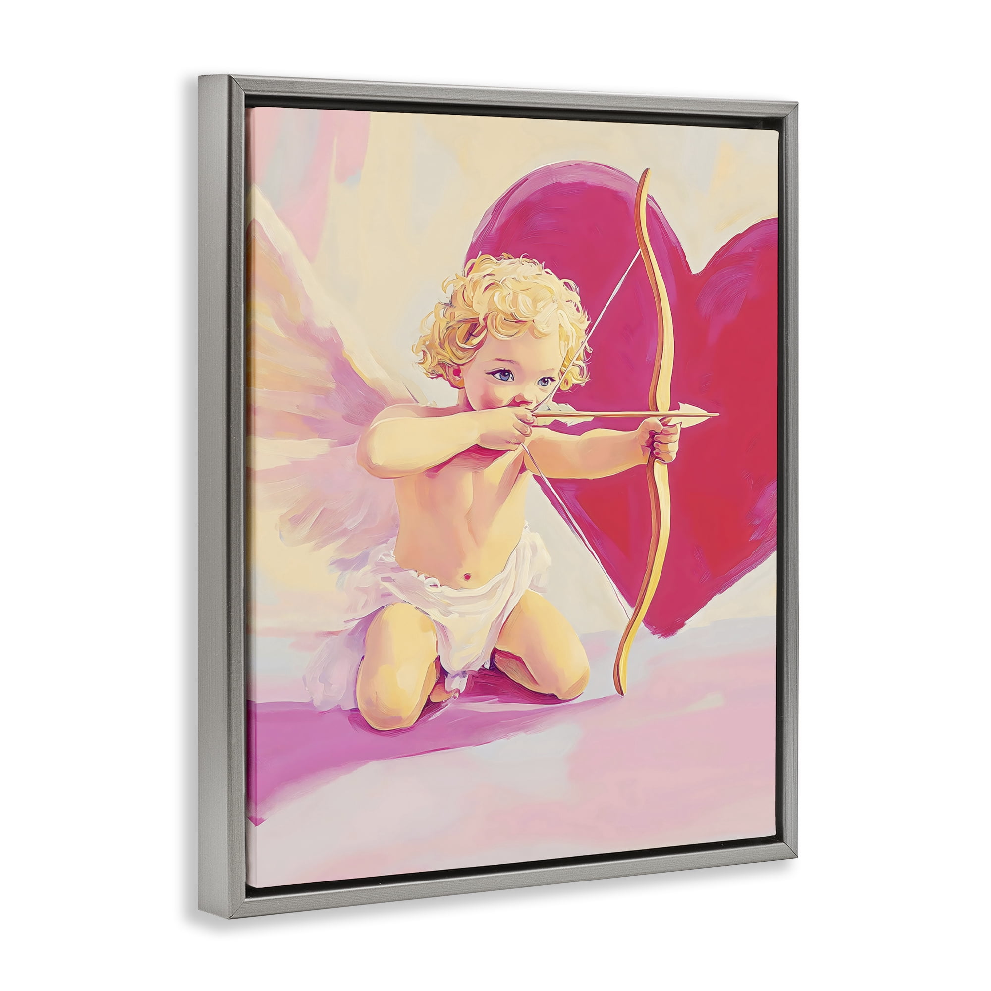 Stupell Industries Cupid Shooting Arrow with Heart Gray Framed Floater Canvas Wall Art, design by The Prints Vibe