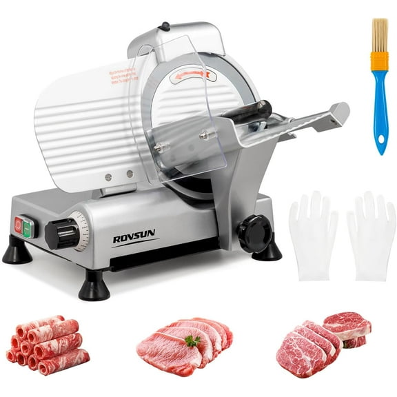 ROVSUN 10 inch Commercial Meat Slicer, 270W Electric Meat Slicer Machine, Frozen Meat Deli Cheese Food Slicer with Adjustable Thickness(0-13mm), Upgraded Carbon Steel Blade for Home and Commercial