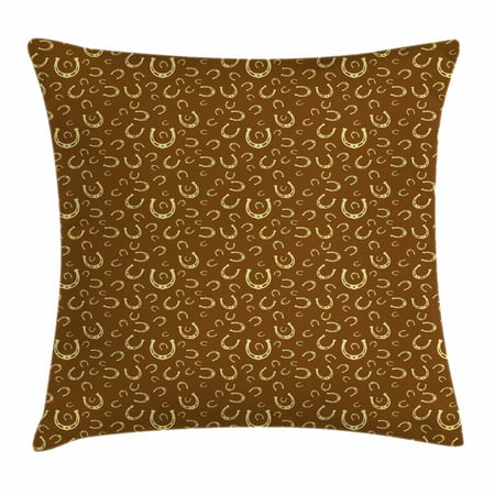 Western Throw Pillow Cushion Cover, Horse Shoe Motif Vintage Pattern with Star Symbol Barn Lucky Charm Design, Decorative Square Accent Pillow Case, 24 X 24 Inches, Brown Pale Yellow, by