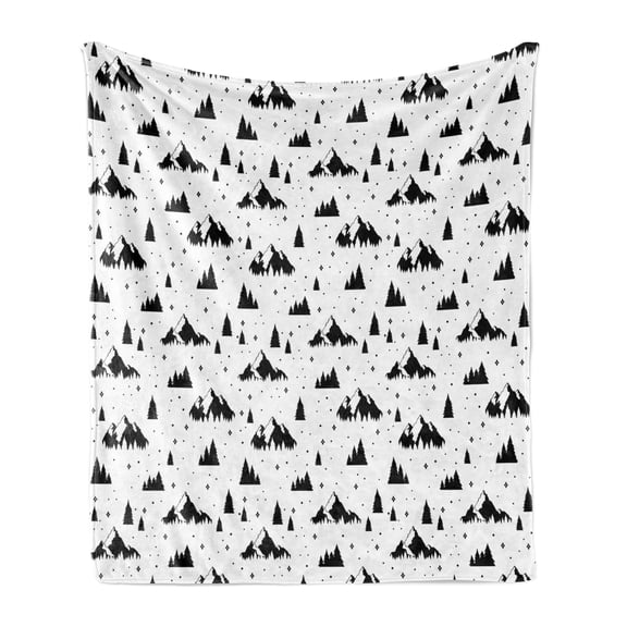 Sketch Soft Flannel Fleece Throw Blanket, Stars and Spots into the Night Trees and Cliffs Nature in Ink Simple Art, Cozy Plush for Indoor and Outdoor Use, 70" x 90", Charcoal Grey White, by Ambesonne