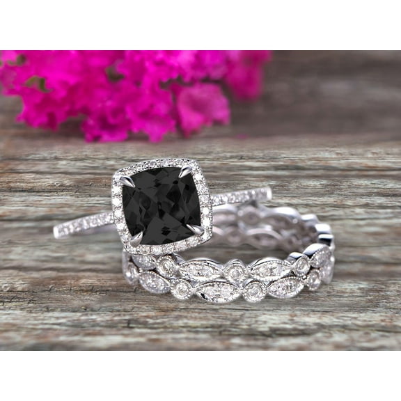 Milgrain Halo Art Deco 3.05 Carat 7mm Cushion Cut Black Diamond Moissanite Wedding Ring Set On 10k White Gold With Two Matching Band Anniversary Ring
