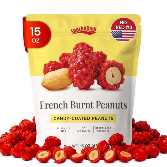 Snackathon French Burnt Peanuts, 15 oz Classic Red Candy Coated Peanuts in Resealable Bag, Old Fashioned Sweet Crunchy Snack, Made in USA, Great for Snacking Sharing