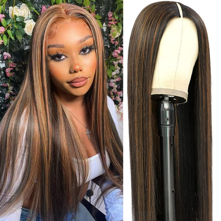 Haha Ombre Straight V Part Wig Human Hair No Leave Out Highlight Thin V Part Wigs For Women Upgrade U Part Wig Brazilian Virgin Hair Black Highlighted Brown 24 Inch No Sew