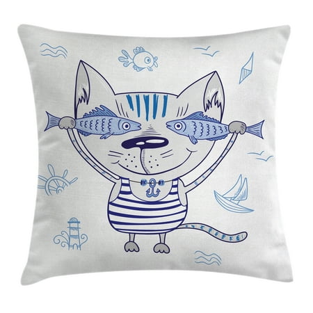 Opal Cased Globe Pendant - Ocean Animal Decor Throw Pillow Cushion Cover, Naughty Cat with Fish in Striped T-shirt Anchor Pendant and Nautical Sign, Decorative Square Accent Pillow Case, 16 X 16 Inches, Blue Grey, by Ambesonne