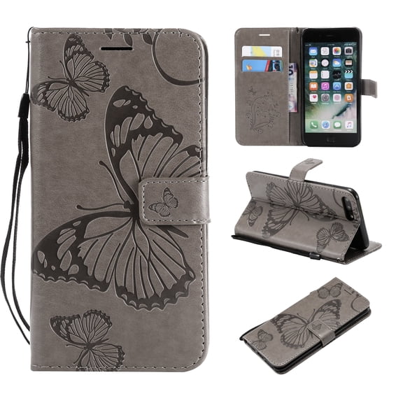 iPhone 7 Plus/ 8 Plus Wallet case, Allytech Pretty Retro Embossed Butterfly Flower Design PU Leather Book Style Wallet Flip Case Cover for Apple iPhone 7 Plus and iPhone 8 Plus, Gray
