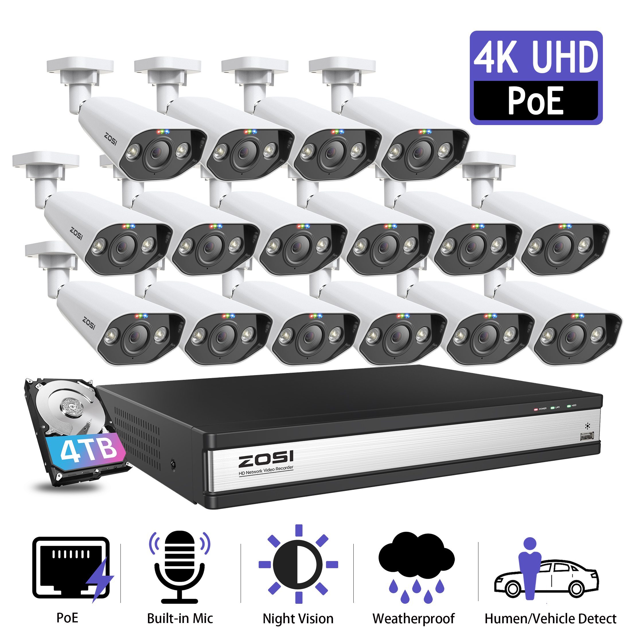 ZOSI 16CH 4K Spotlight PoE Security Camera System, 16pcs 5MP PoE IP Cameras Outdoor Indoor with Two-Way Audio, Color Night Vision, 8MP/4K 16CH NVR with 4TB HDD for 24-7 Recording