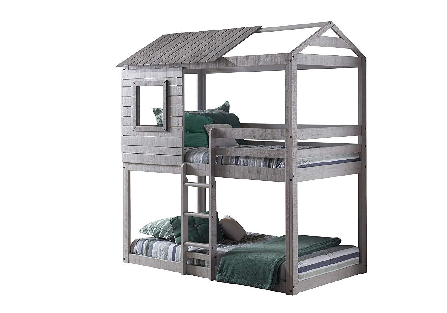 Donco Kids Deer Blind Child Wood Twin-over-Twin Bunk Bed with Roof and Slats Rustic Light Grey
