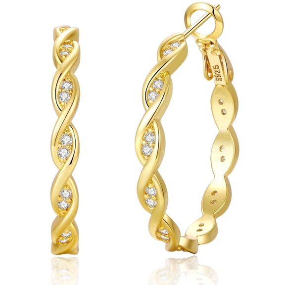VEEDOFA Twisted Hoop Earrings for Women 14K Gold Plated 925 Sterling Silver - Cubic Zirconia CZ Chunky Hoops with Spring Clasp, Hypoallergenic Large Hoops, Gift Box