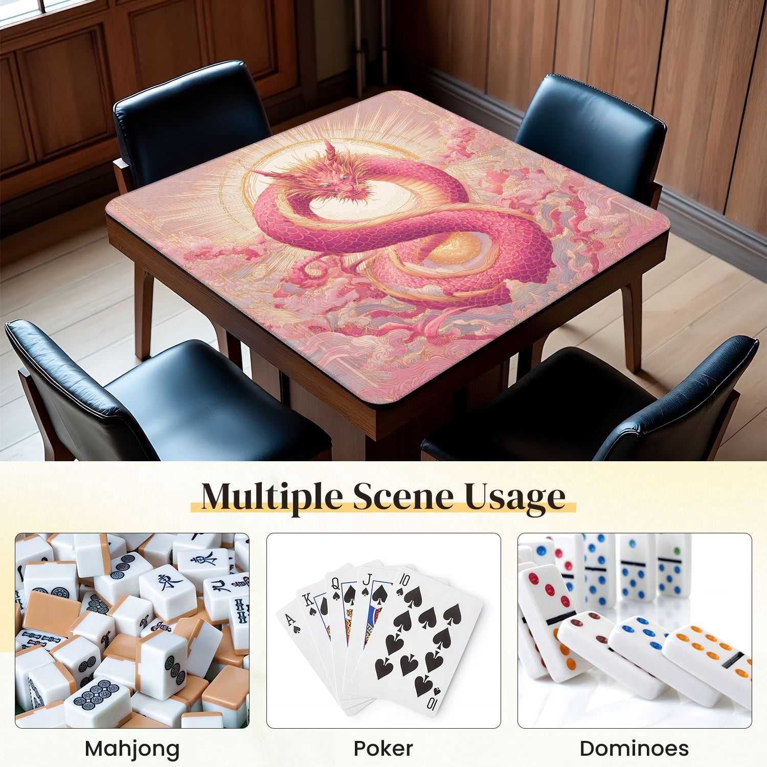 Chinoiserie Mahjong Mat 31.5" x 31.5" Regal Chinese Dragon Pink Gold Scales Clouds Non-Slip Noise Reduction Mahjong Tiles Table Cover for Dominoes Poker Card Board and Tile Games