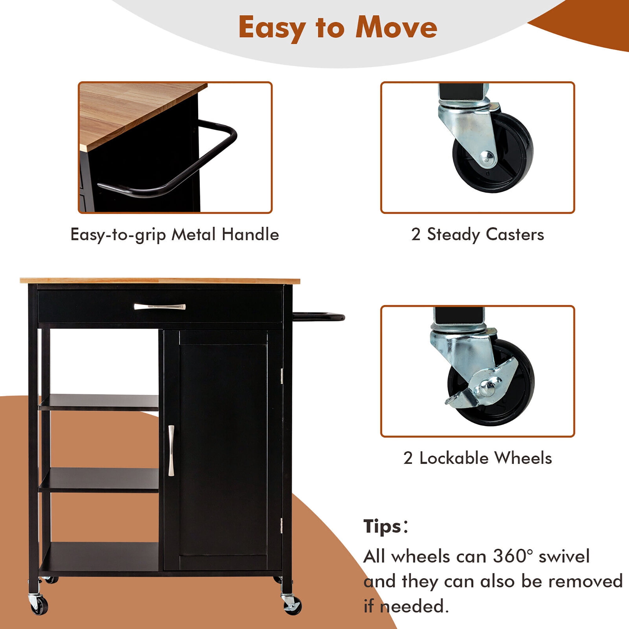 Gymax Mobile Kitchen Island Cart Serving Utility Trolley Drawer Shelf Towel Rack Brown
