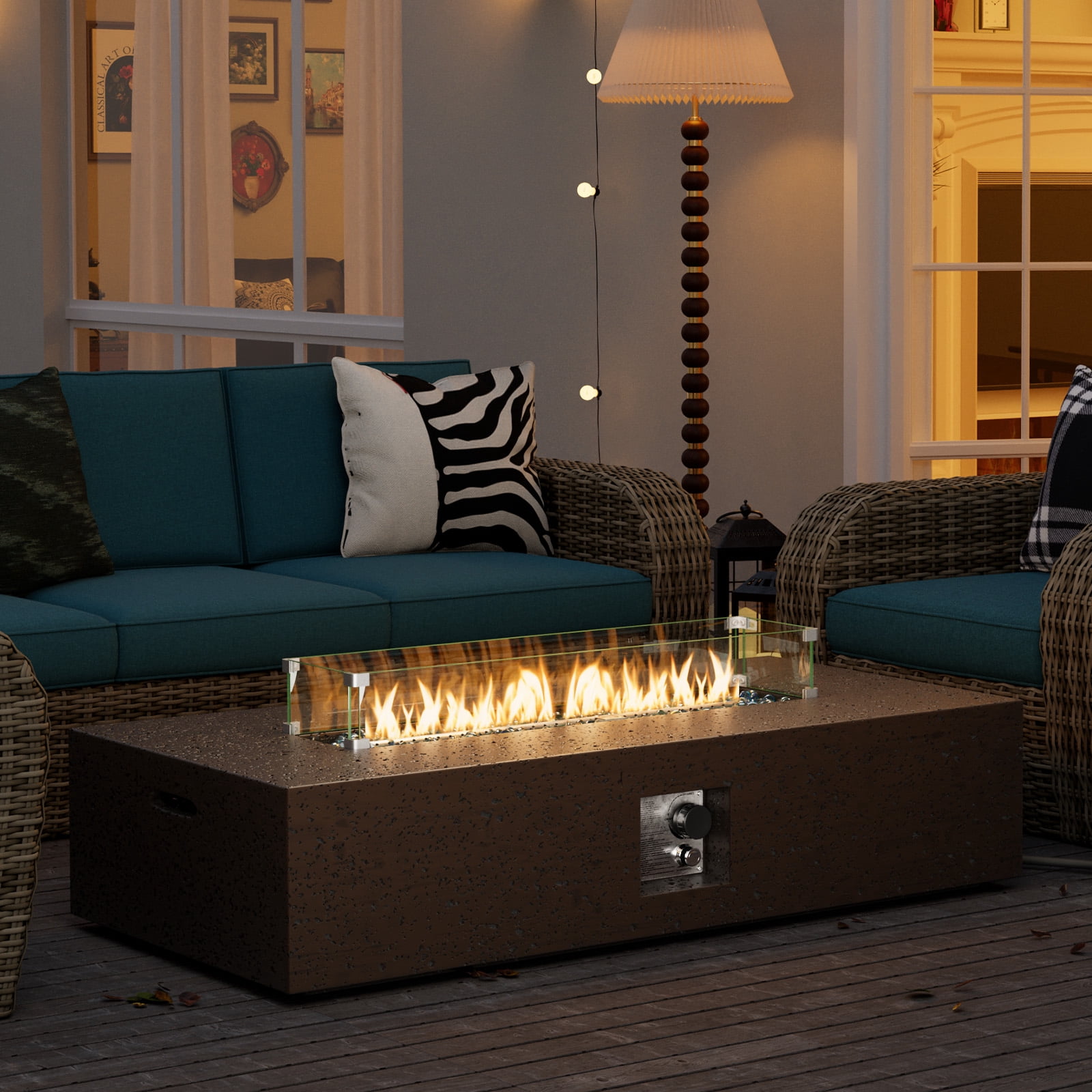 COSIEST 56" Rectangular Concrete Outdoor Fire Pit Table with Wind Guard & Fire Glass​