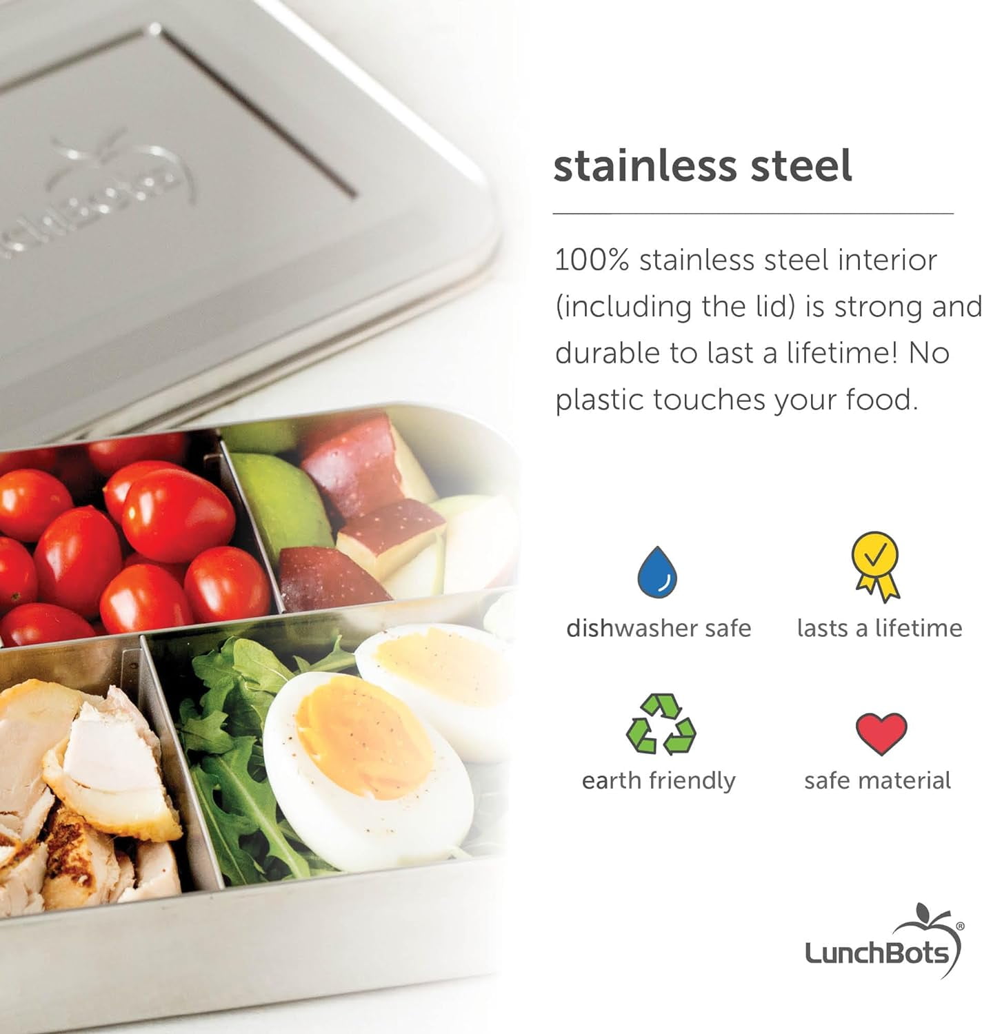 LunchBots Medium Uno Stainless Steel Sandwich Container - Open Design for Wraps - Salads or a Small Meal - Eco-Friendly - Dishwasher Safe - Stainless Steel Lid - Blue Dots
