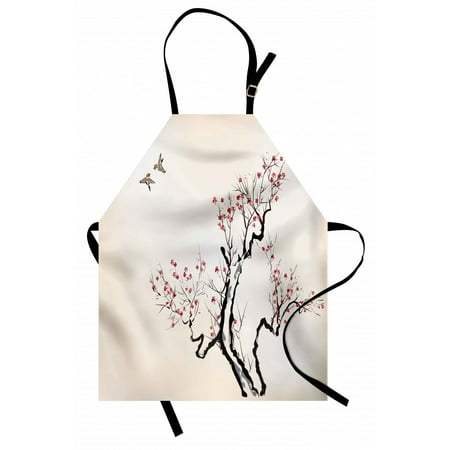 

Floral Apron Classic Asian Paint Style Artwork Flower Branches Blossom and Flying Birds Pattern Unisex Kitchen Bib Apron with Adjustable Neck for Cooking Baking Gardening Grey White by Ambesonne