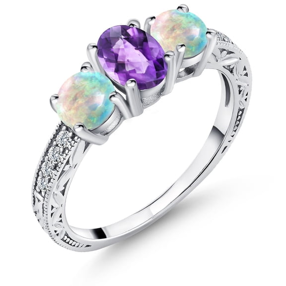 Gem Stone King 925 Sterling Silver Purple Amethyst and White Simulated Opal Engagement Ring for Women (1.87 Cttw, Oval Checkerboard Gemstone Birthstone, Size 5)