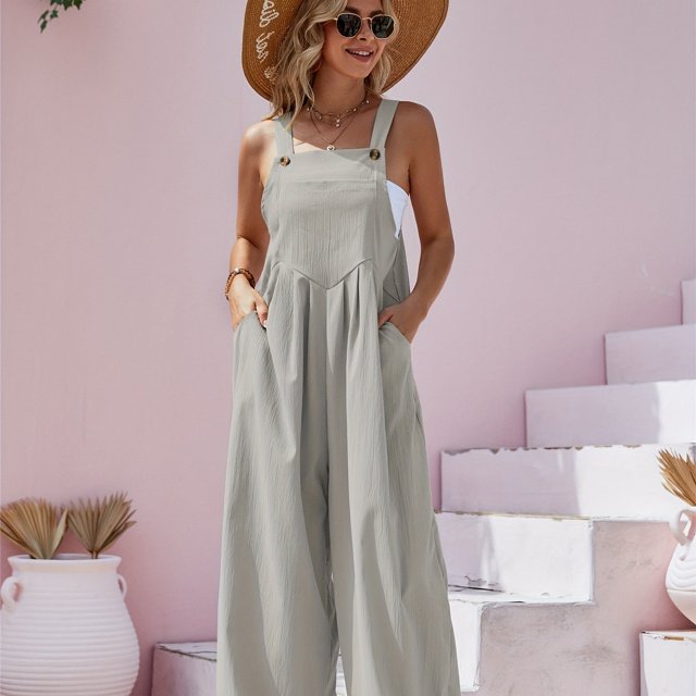 Wide Leg Overall Jumpsuit, Casual Button Front Suspender Jumpsuit, Women's Clothing