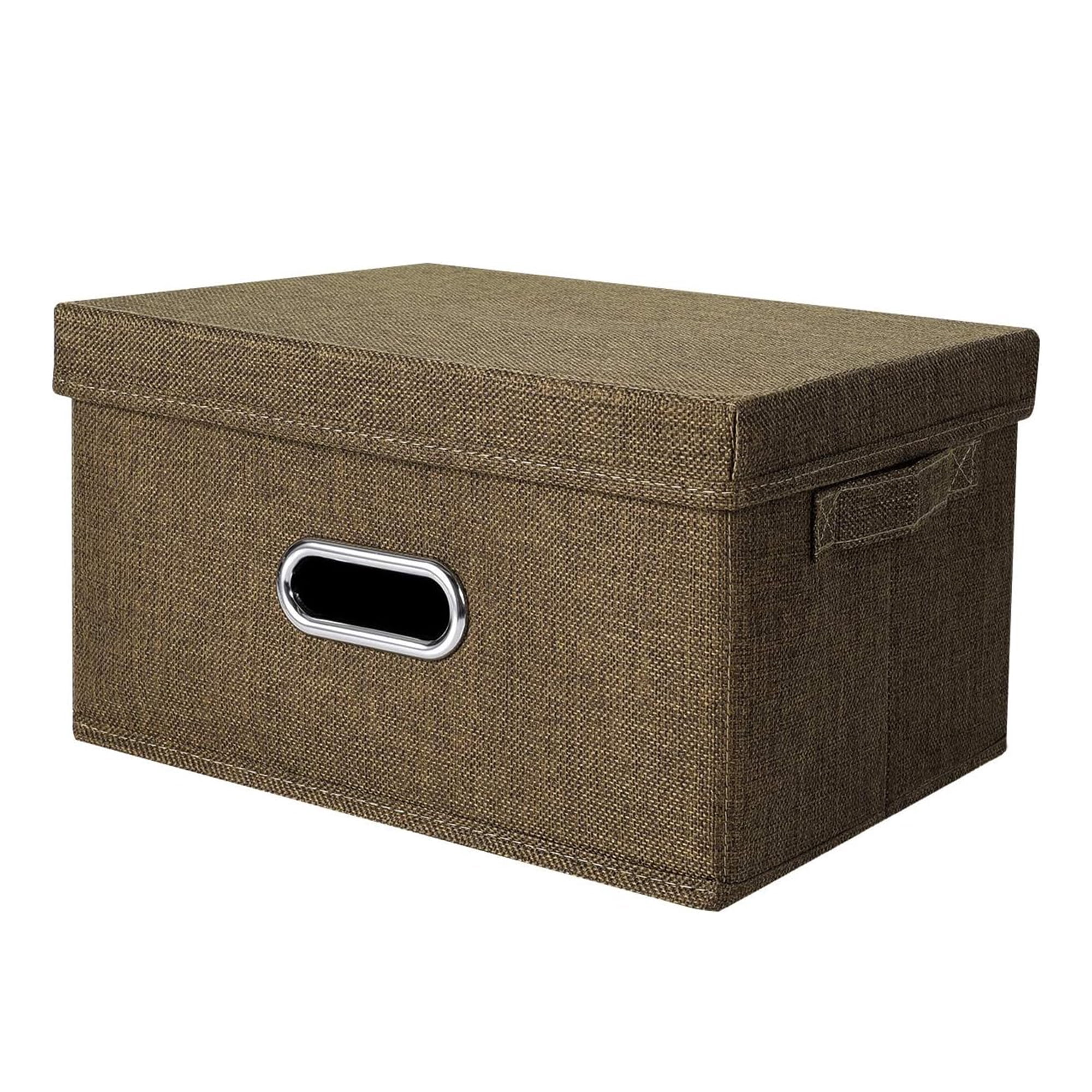 Collapsible Fabric Storage Bin With Handle Lid Foldable Box Linen Large Container Organizer For Home Clothes Storage, Coffee