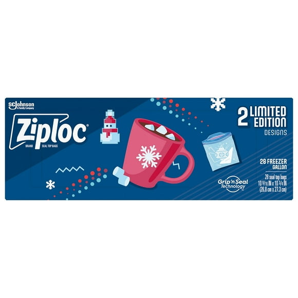 Ziploc Gallon Food Storage Freezer Bags, Grip 'n Seal Technology for Easier Grip, Open, and Close, 28 Count, Holiday Designs