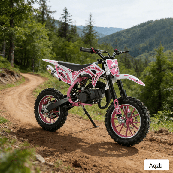 Aqzb 49cc Pink Dirt Bike for Kids, Gas Powered 2 Stroke Mini Motorcycle with Pull Start, 25Mph High Speed, Front Rear Disc Brakes, 10 Inch Off Road Tires, Motocross Pit Bike for Boys and Girls (Pink)