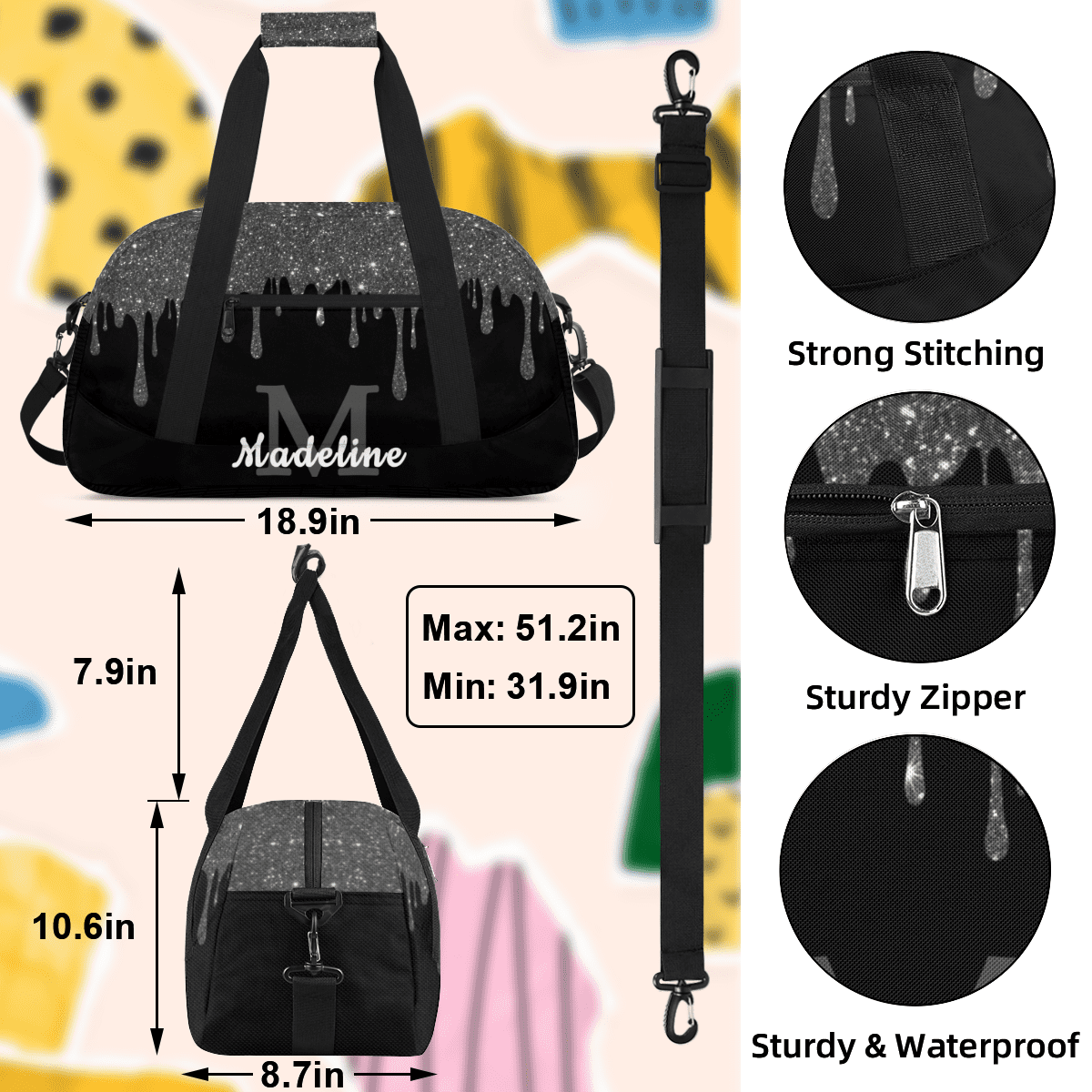 Herdesigns Personalized Sports Duffel Bag with Name Custom Weekender Overnight Bag Gym Bag Travel Dance Gymnastics Duffel Bag, Black