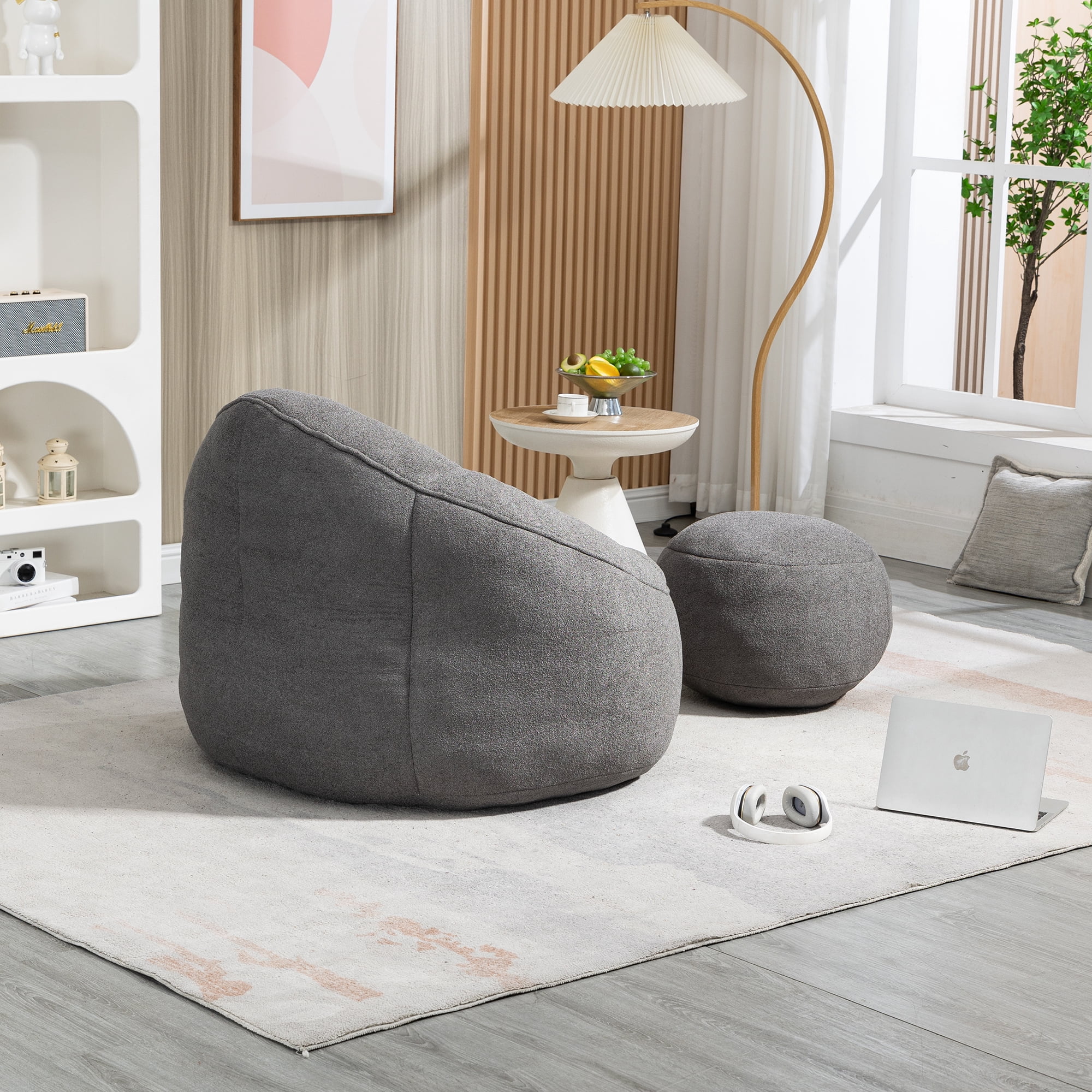 Rstll Bean Bag Sofa Chair for Adults, High Density Foam Filled Lazy Sofa with Footrest, Compressed Packaging Soft Padded Lounge Chair,Gray