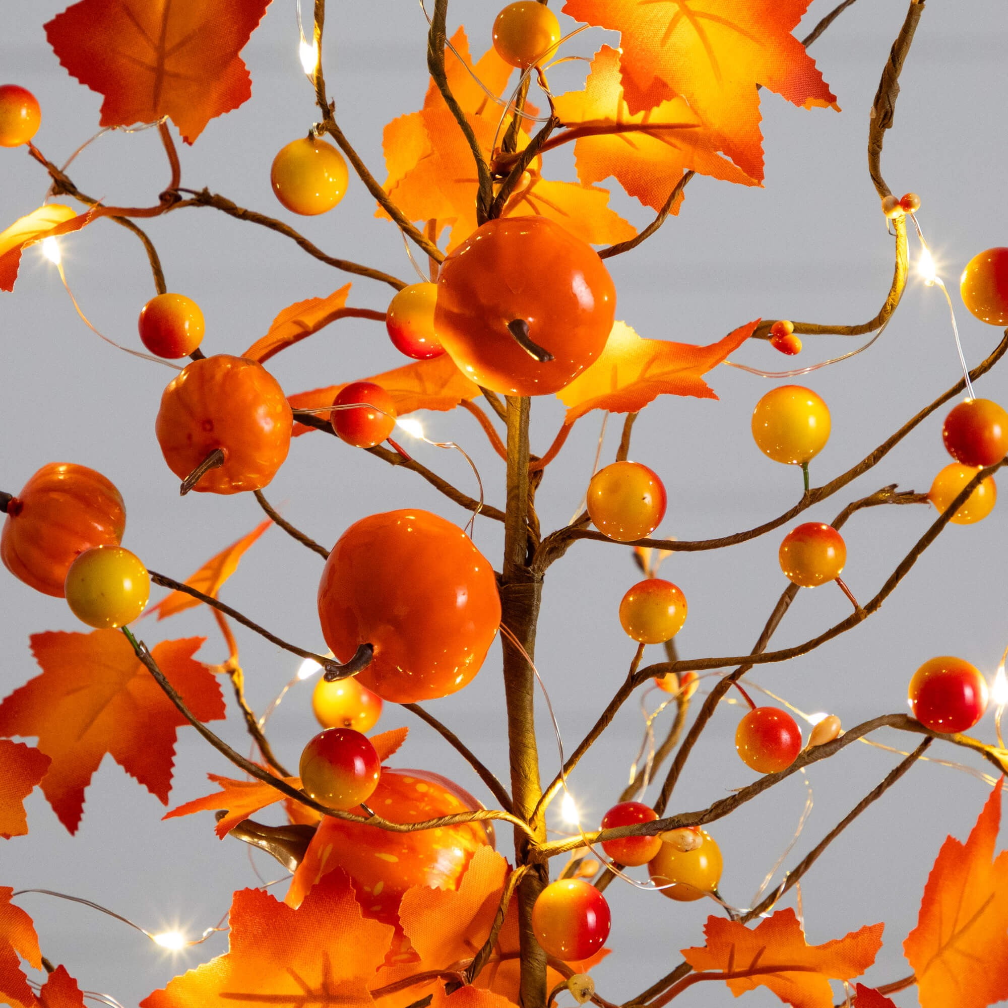Nearly Natural 18in. Pre-Lit Artificial Maple Tree with Pumpkin Ornaments and 30 LED String Lights in Burlap Wrapped Base