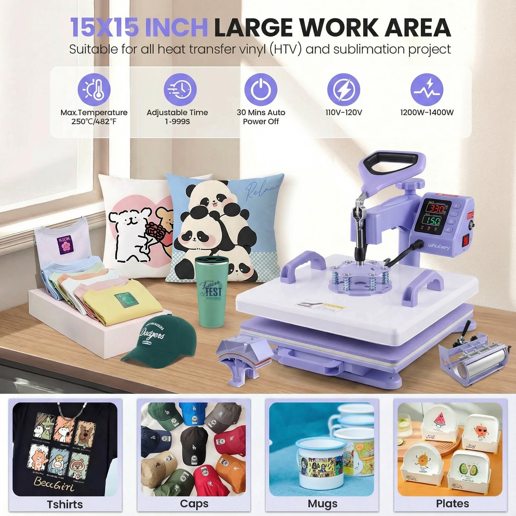 Adnoom Heat Press 15x15, 8 in 1 Multifunctional Shirt Press Machine Combo, 360° Swing Away Sublimation Heat Transfer with LED Display for T-shirts Mugs Hat Plate Cap, Purple