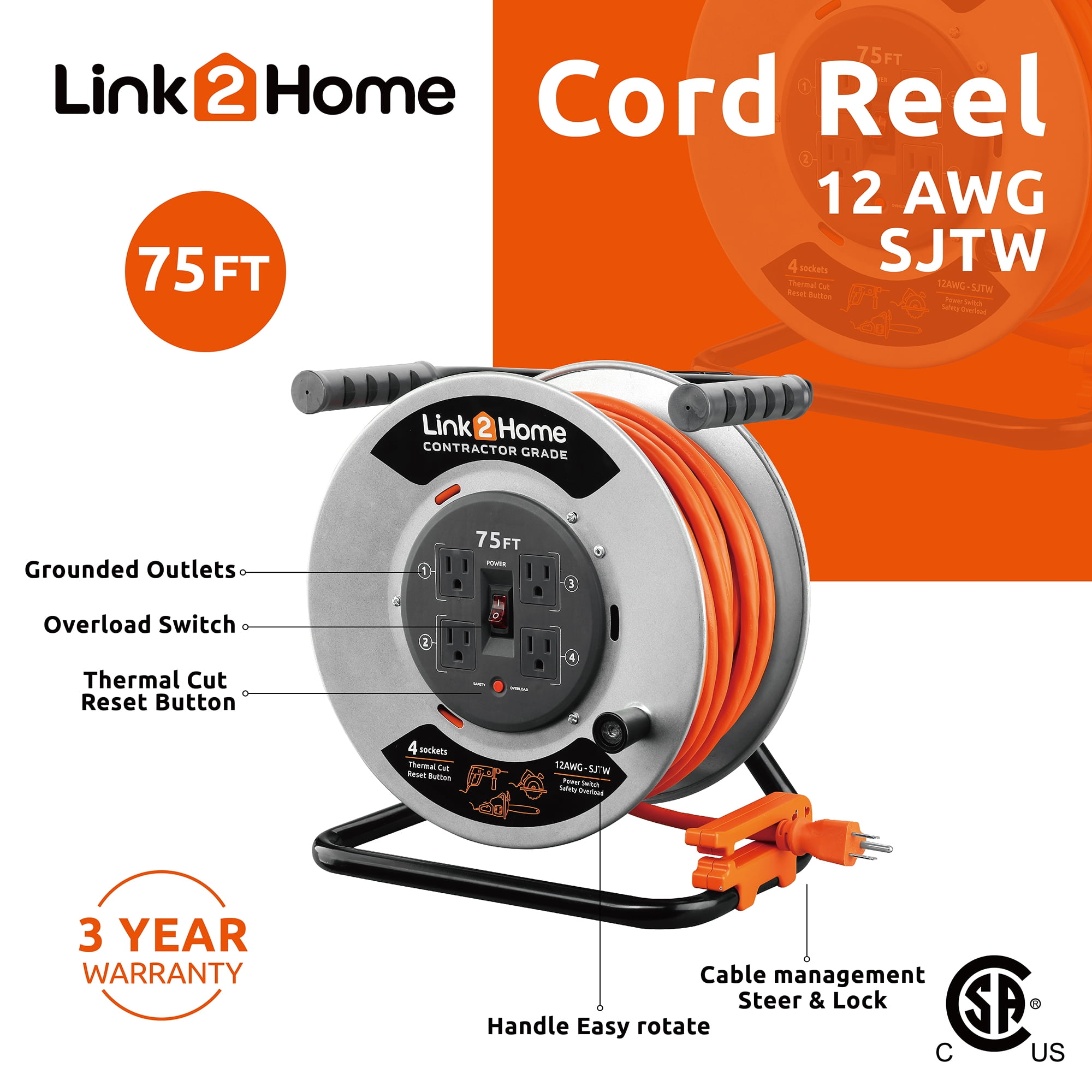 Link2Home 75 Ft Contractor Extension Cord Reel, 12AWG, 4 Outlets