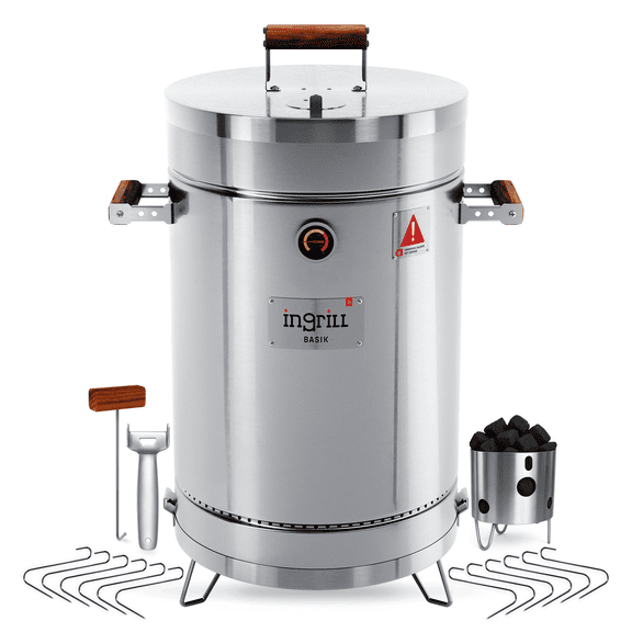INGRILL 3-in-1 Medium Charcoal Smoker Barrel 26 lbs – Stainless Steel BBQ Drum for Smoking, Grilling & Baking – Portable Outdoor Cooker with Thermometer, Hooks & Grill Rack
