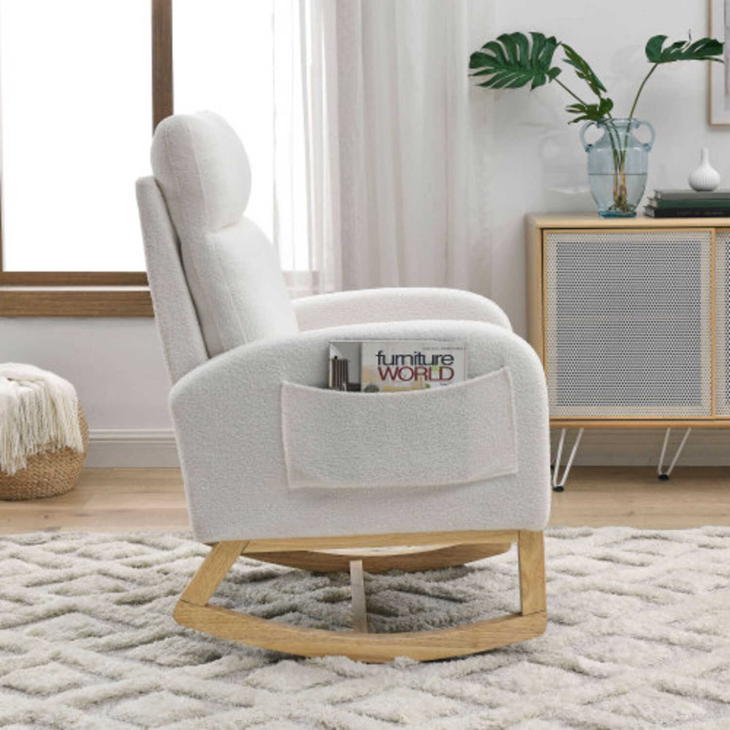 27.6"W Modern Accent High Backrest Living Room Lounge Arm Rocking Chair Two Side Pocket Teddy White Ivory